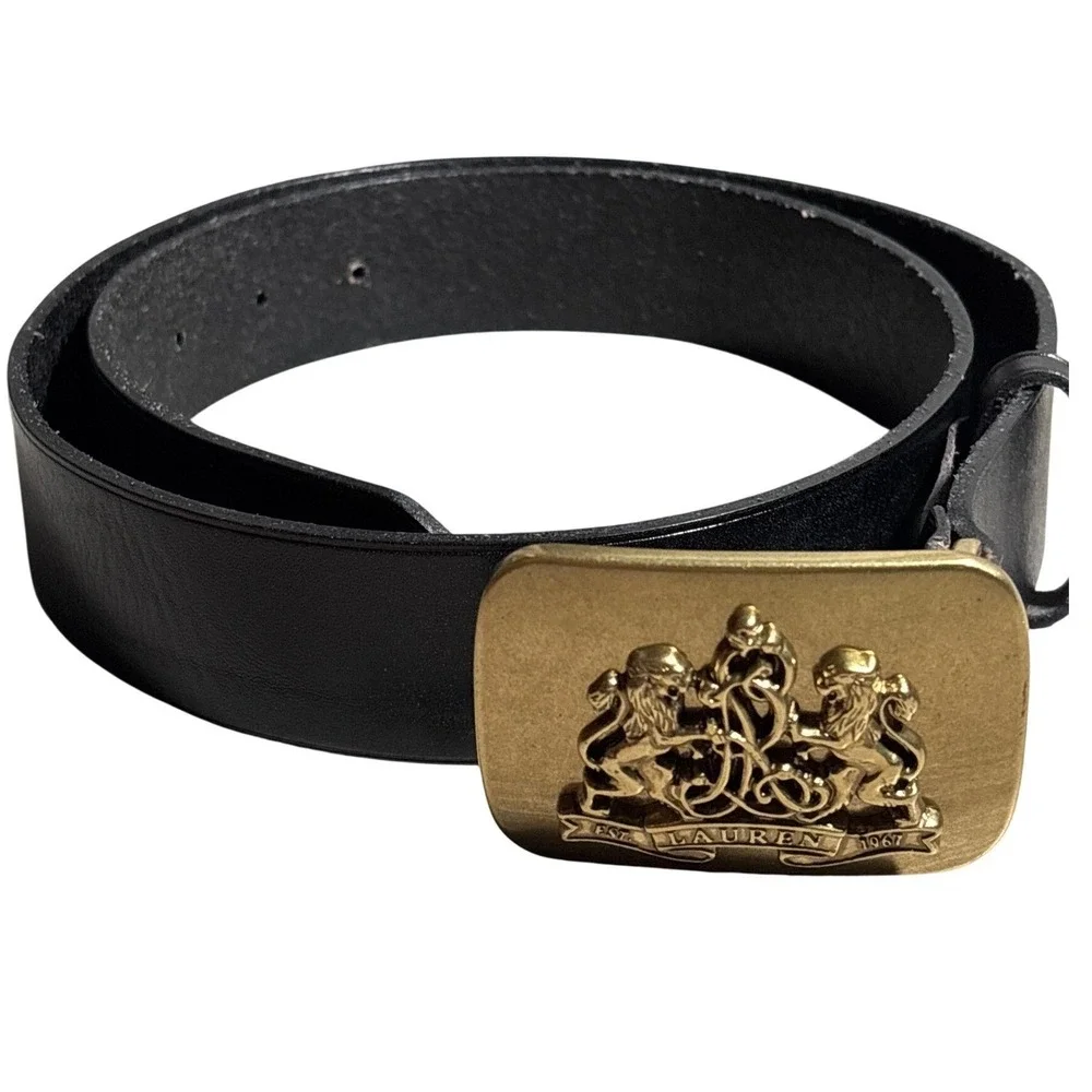 Lauren Ralph Lauren Black Leather Belt Gold Lion Crest Trophy Buckle Designer